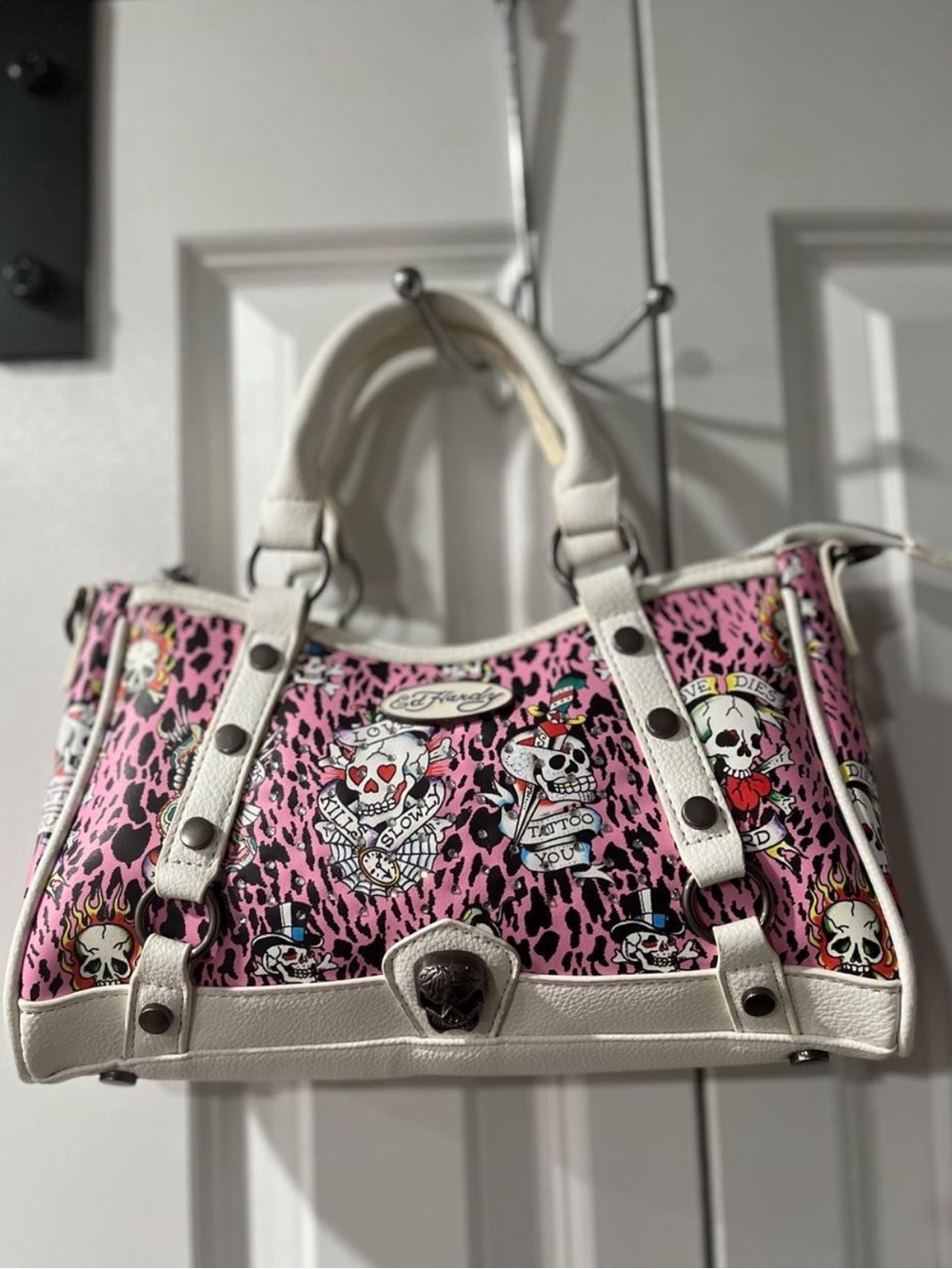 Ed Hardy Pink Leopard Skull Tattoo Satchel with White Trim